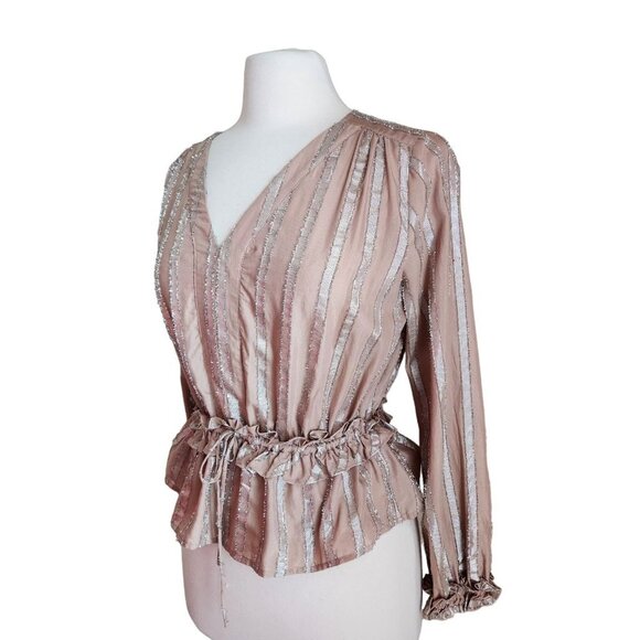 Current Air Women Metallic Stripe Long Sleeve Blouse In Dusty Rose Size Small - Picture 4 of 16